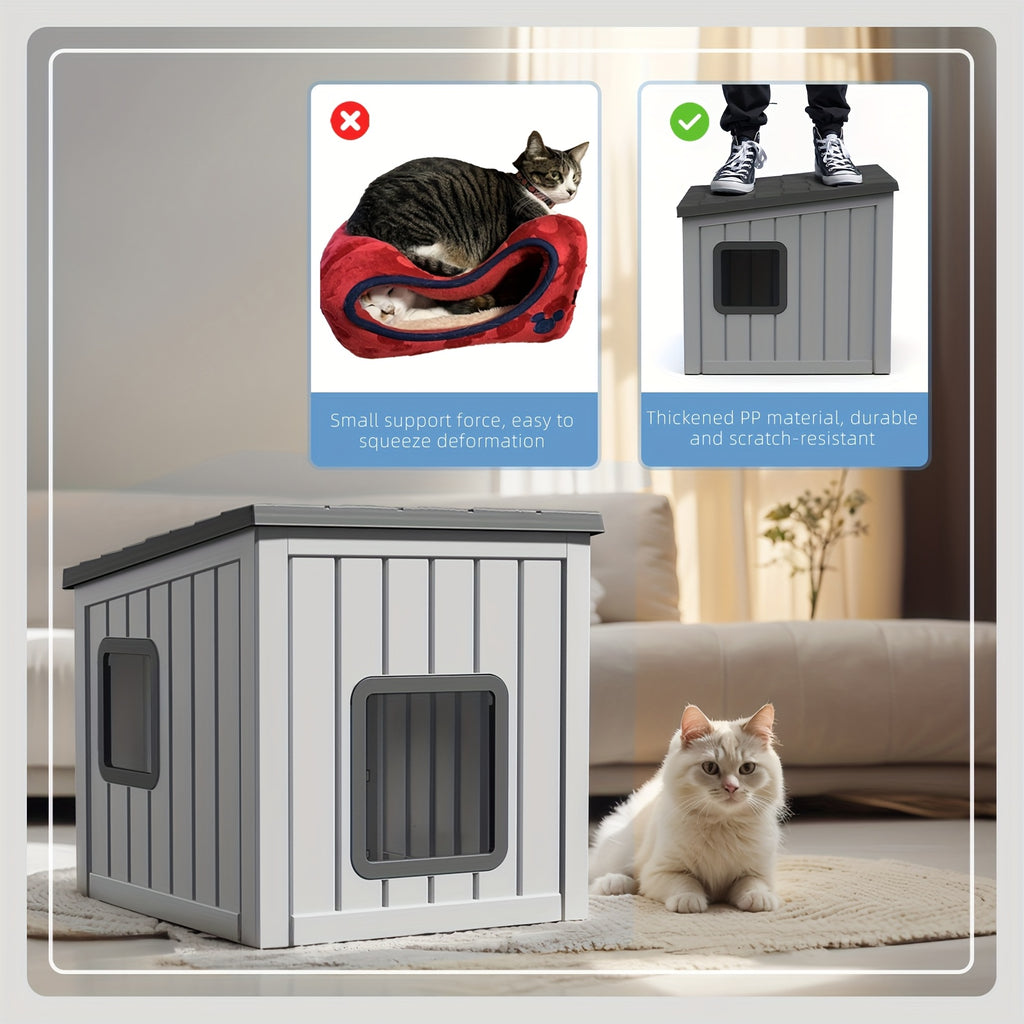 Roofed Outdoor Cat Shelter in Grey, Cozy Pet Resting House for Covered Porches and Secure Balconies, Dedicated Cat Hideaway for Everyday Rest