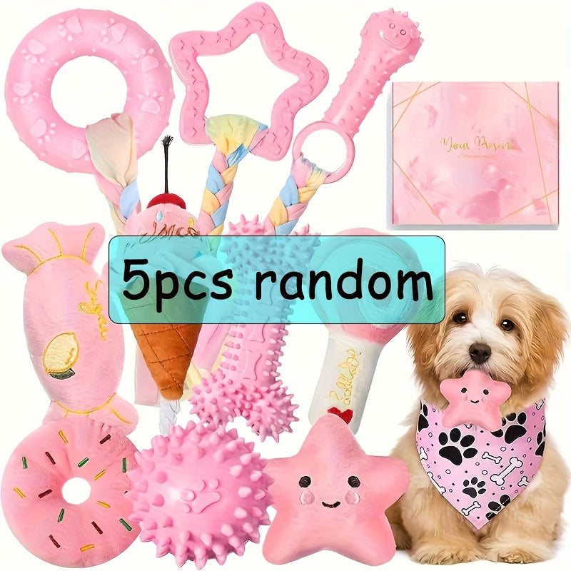 Small Dog Chew Toy Set 5 Pack, Random Puppy Toy Assortment in Pink or Blue for Supervised Gentle Chewing, Fetch and Everyday Interactive Play