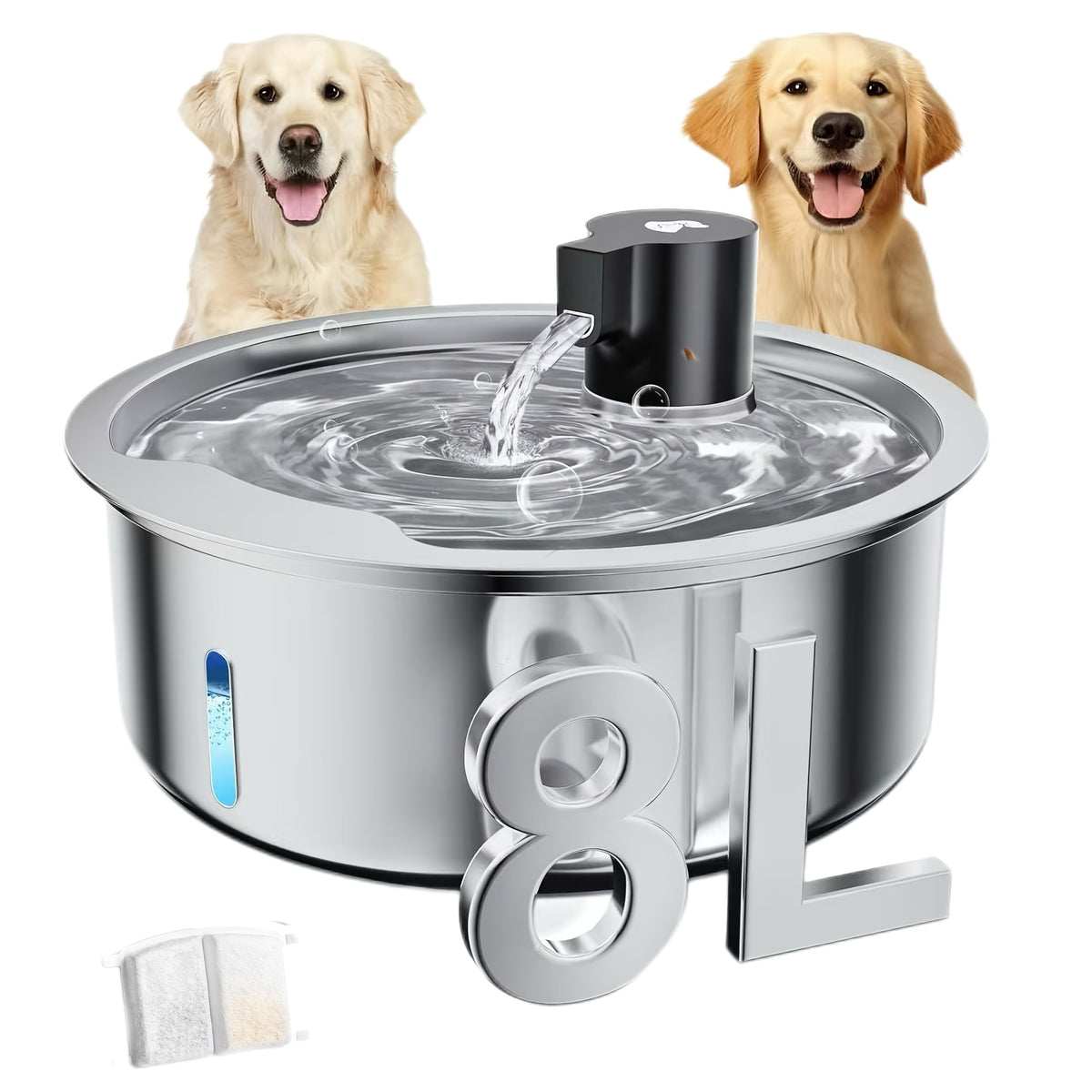 8L Stainless Steel Pet Water Fountain for Dogs and Cats, Large 2.11 Gallon Drinking Dispenser with Quiet Pump and Filter Bundle Options