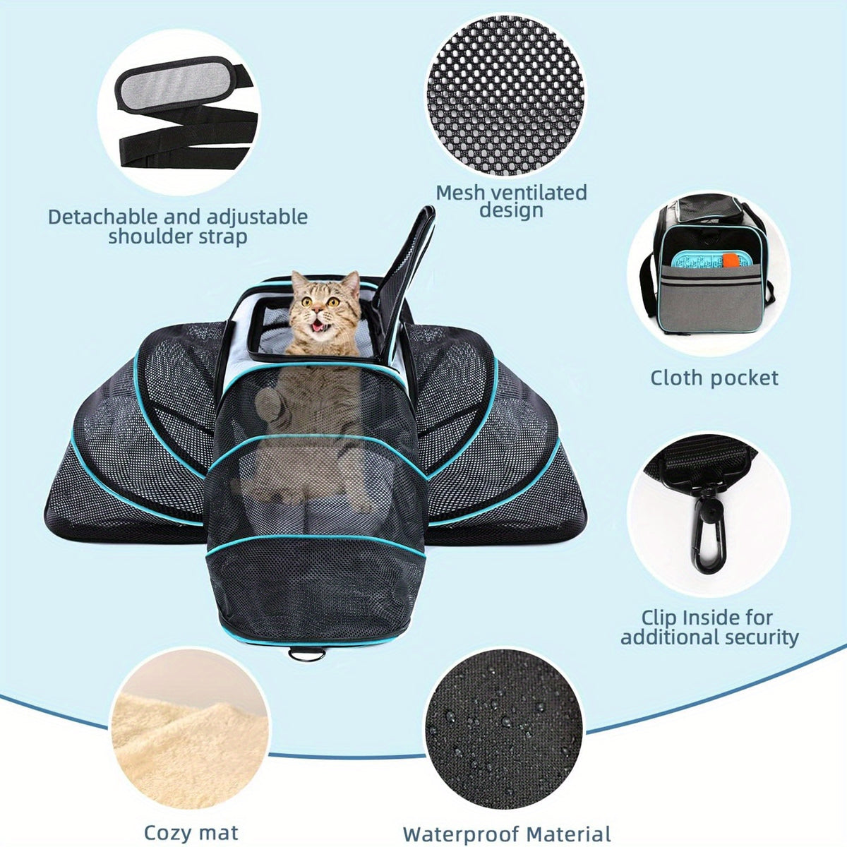 Expandable Pet Carrier Bag with Two Mesh Windows, Soft-Sided Travel Tote with Removable Washable Pad, Shoulder Strap and Top Entry for Small Dogs and Cats