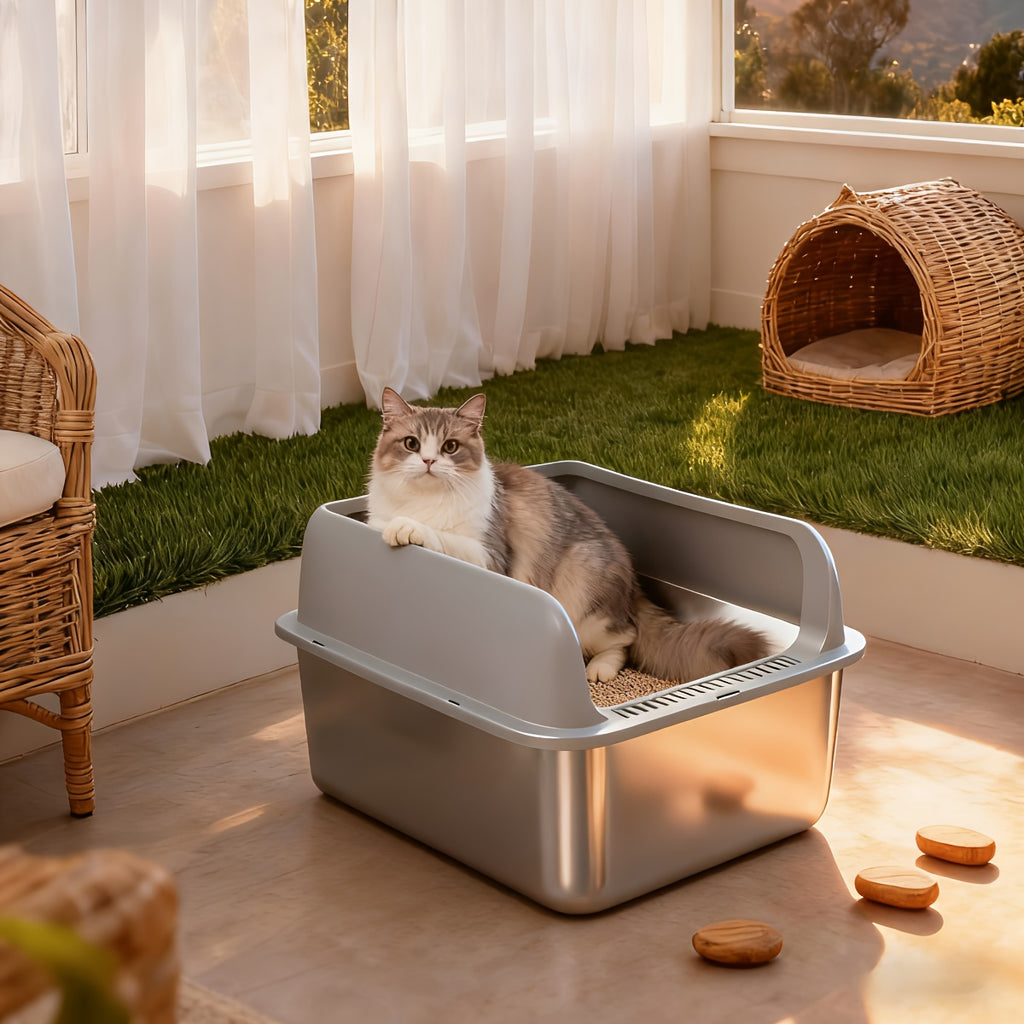 High-Sided Stainless Steel Cat Litter Box with Snap-Lock Design, Easy-Clean Metal Litter Tray for Indoor Cats, Black and Gray Options