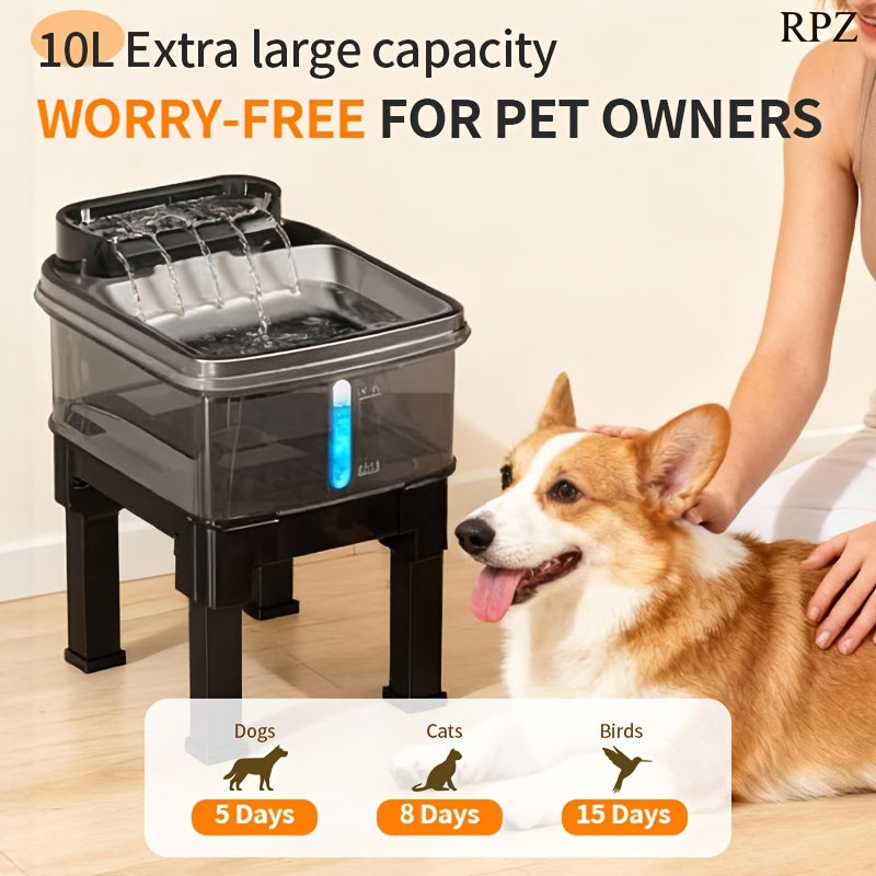 Dog Water Fountain 10L 338oz with Two Filters and Mat, Extra Large Stainless Steel Pet Drinking Dispenser with Quiet Pump for Cats and Dogs, Black