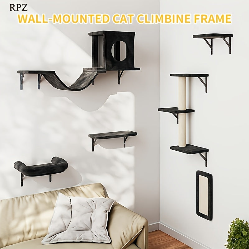Cat Wall Furniture Set 6-Piece with Shelves, Condo, Scratching Board, Bridge and Tunnel, Wall-Mounted Indoor Cat Climbing and Resting Perches