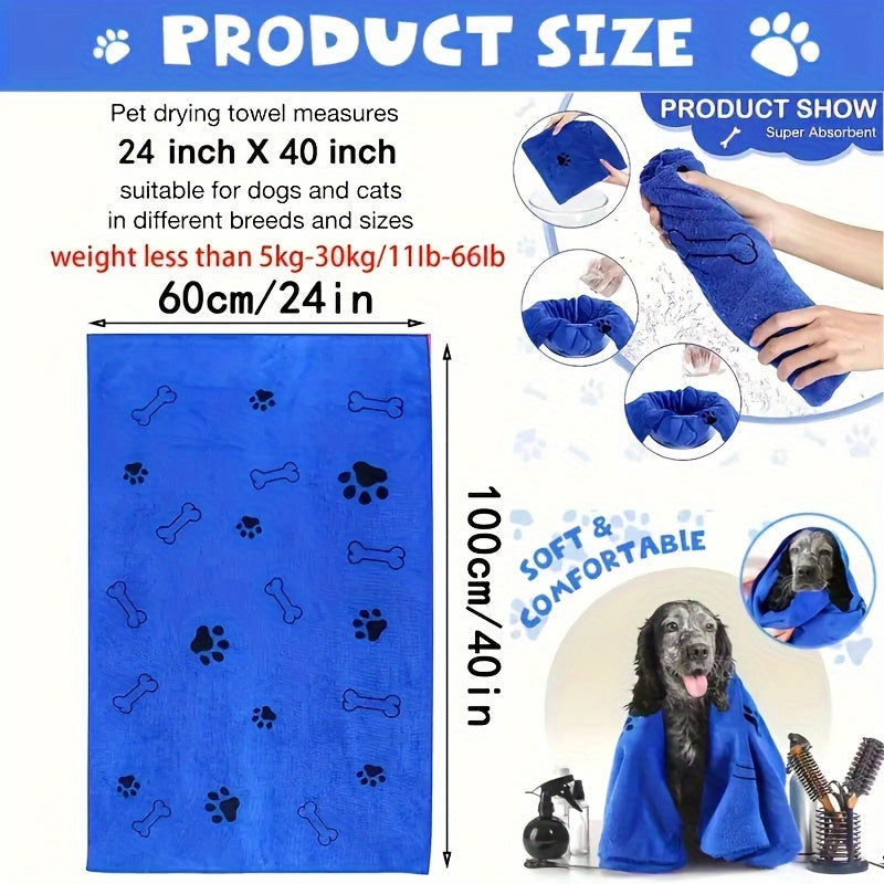 Dog and Cat Drying Towel, Blue Microfiber Pet Bath Towel with Absorbent Quick-Drying Fabric, Low-Lint Medium Size for Everyday Grooming, 1pc