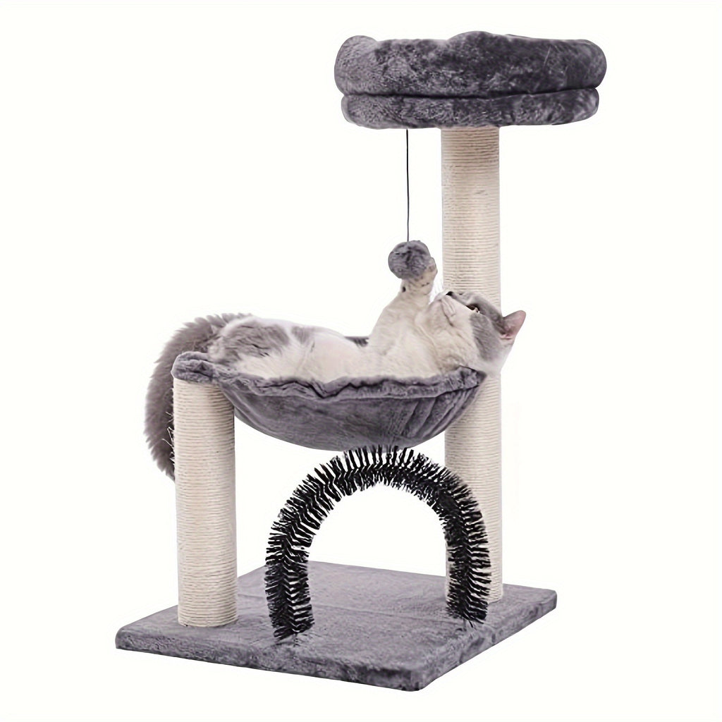 Cat Tree for Kittens and Small Cats, 27.8-Inch Gray Indoor Tower with Plush Basket, Top Perch, Scratching Posts and Dangling Ball Toy