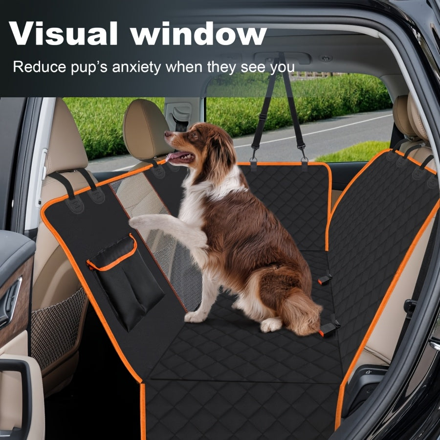 Heavy Duty Dog Car Seat Cover with Side Flaps, Non-Slip Nylon Backseat Protector with Orange Edge or Black Mesh Zipper Style for SUVs, Sedans and Trucks