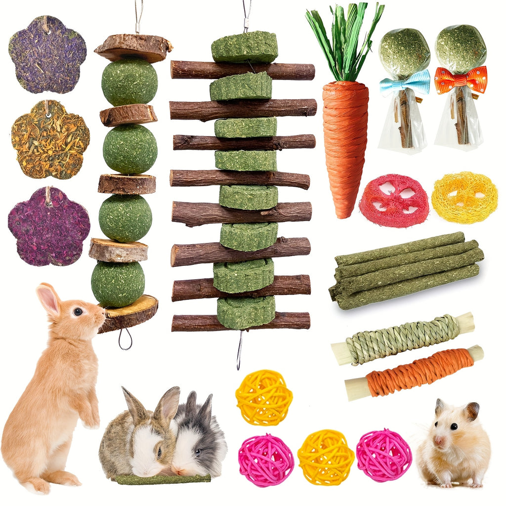 Rabbit Chew Toy Variety Set, 21 Pieces with Timothy Hay Lollipops, Grass Cakes, Hay Sticks, Carrot Shapes and Loofah Balls for Small Pet Enrichment