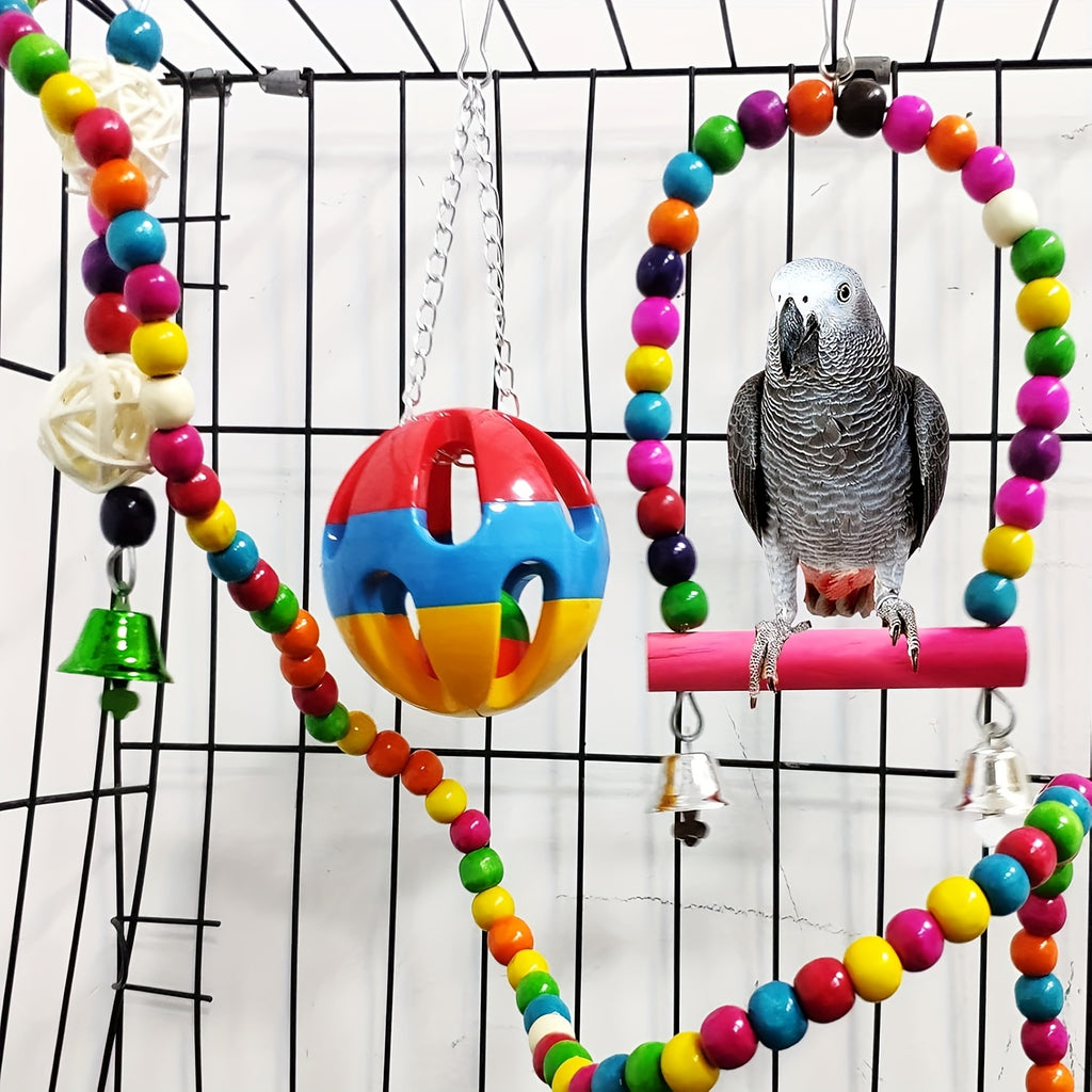 Bird Toys 15-Piece Wooden Swing and Climbing Gym Set with Hanging Bells, Hammock and Ladders for Supervised Parrot Cage Enrichment