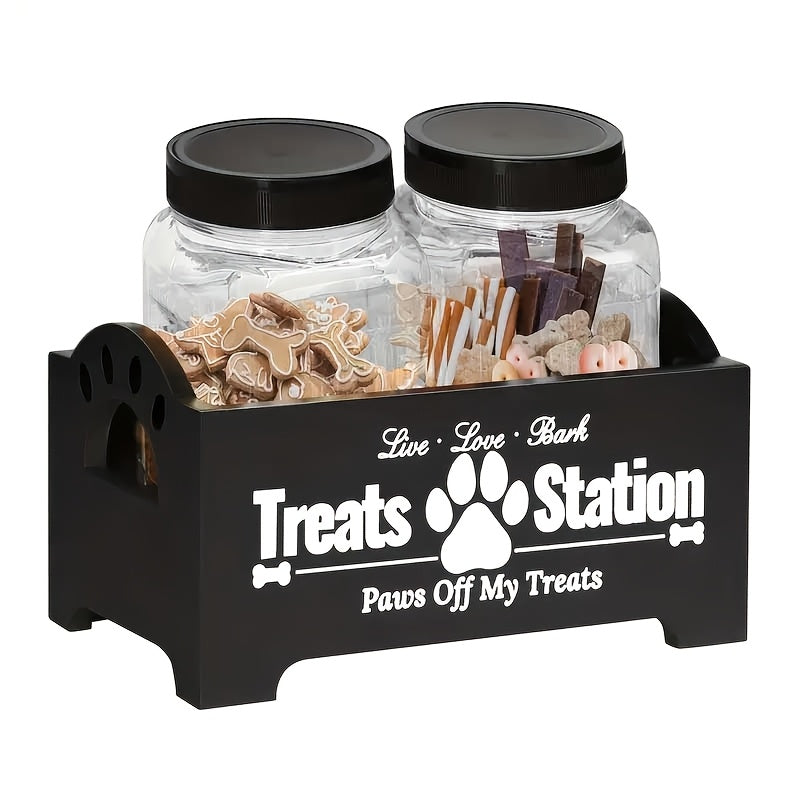 Dog Treat Container Set with Wooden Farmhouse Rack and 2 Plastic Snack Canisters, 3-Piece Pet Food Storage Organizer in Black or White for Home