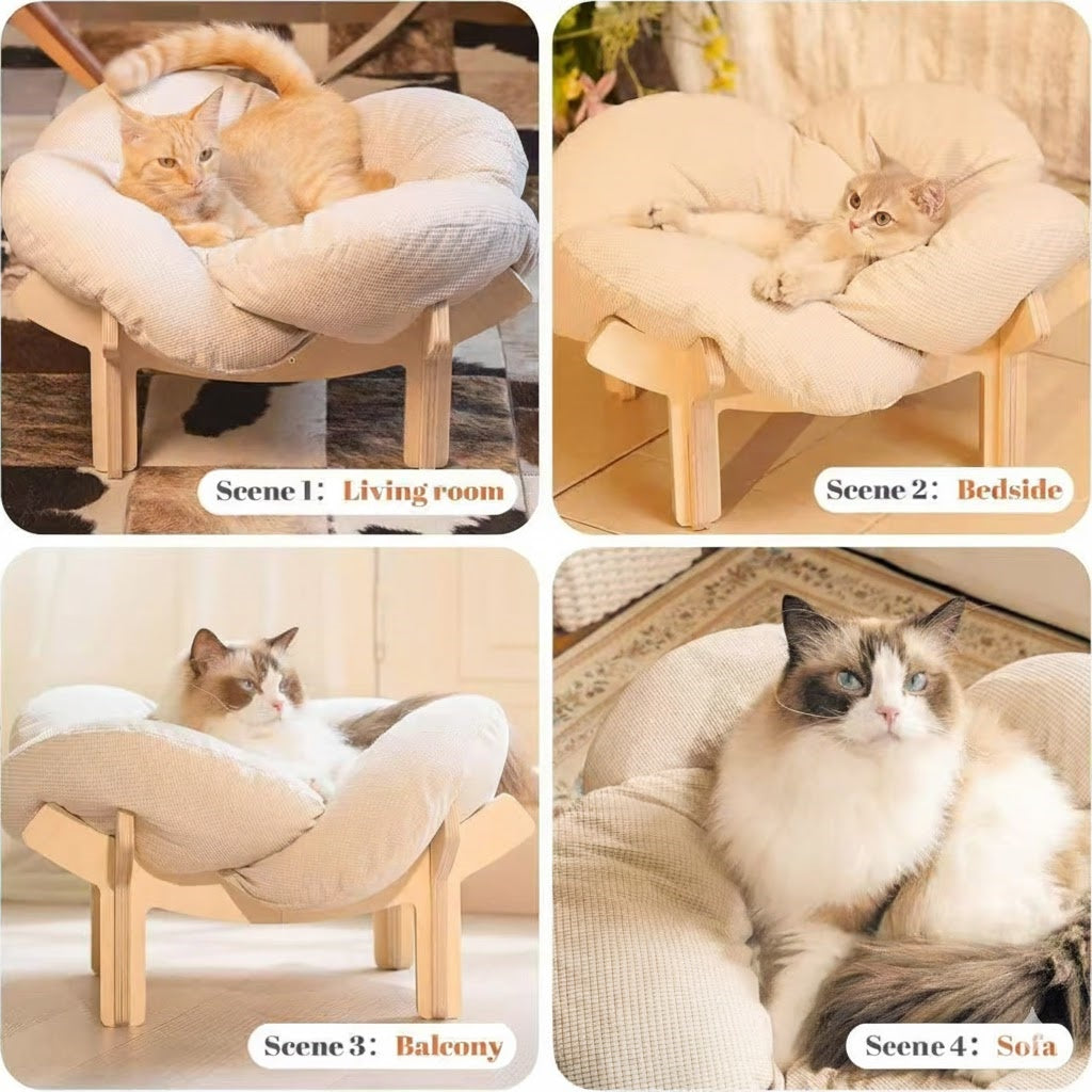 Pink Wooden Cat Lounge Bed with Soft Cushion, Elevated Indoor Pet Sofa Chair in Pink + Two Linen Fish Style for Cat Naps and Cozy Home Lounging