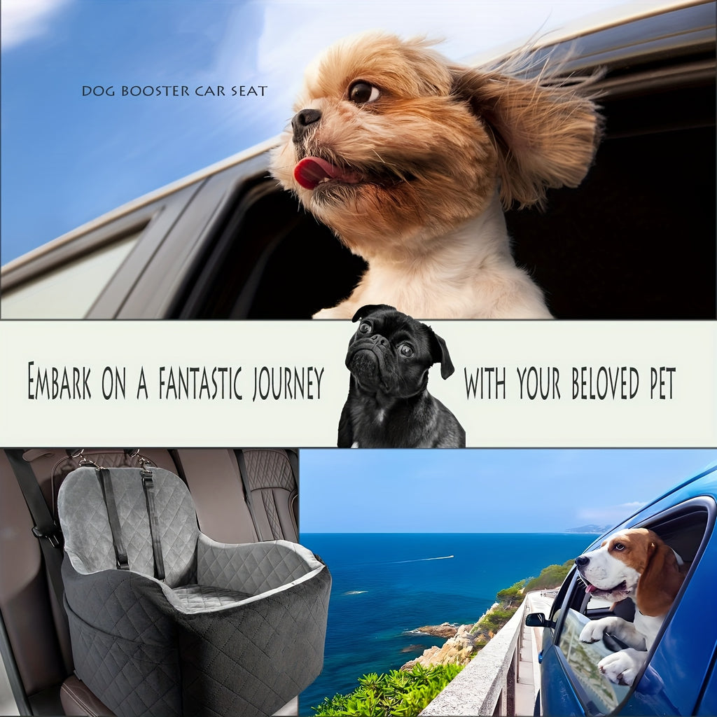 Elevated Dog Car Seat with 6-Inch Booster Cushion, Removable Washable Cover, 2 Storage Pockets and 3 Straps for Small and Medium Dogs up to 35 lbs