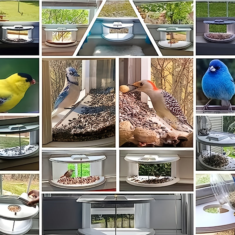 Panoramic Window Bird Feeder with 180-Degree Clear View, Recessed Feeding Tray and Lawn Deck in White for Bird Watching from Inside Your Home