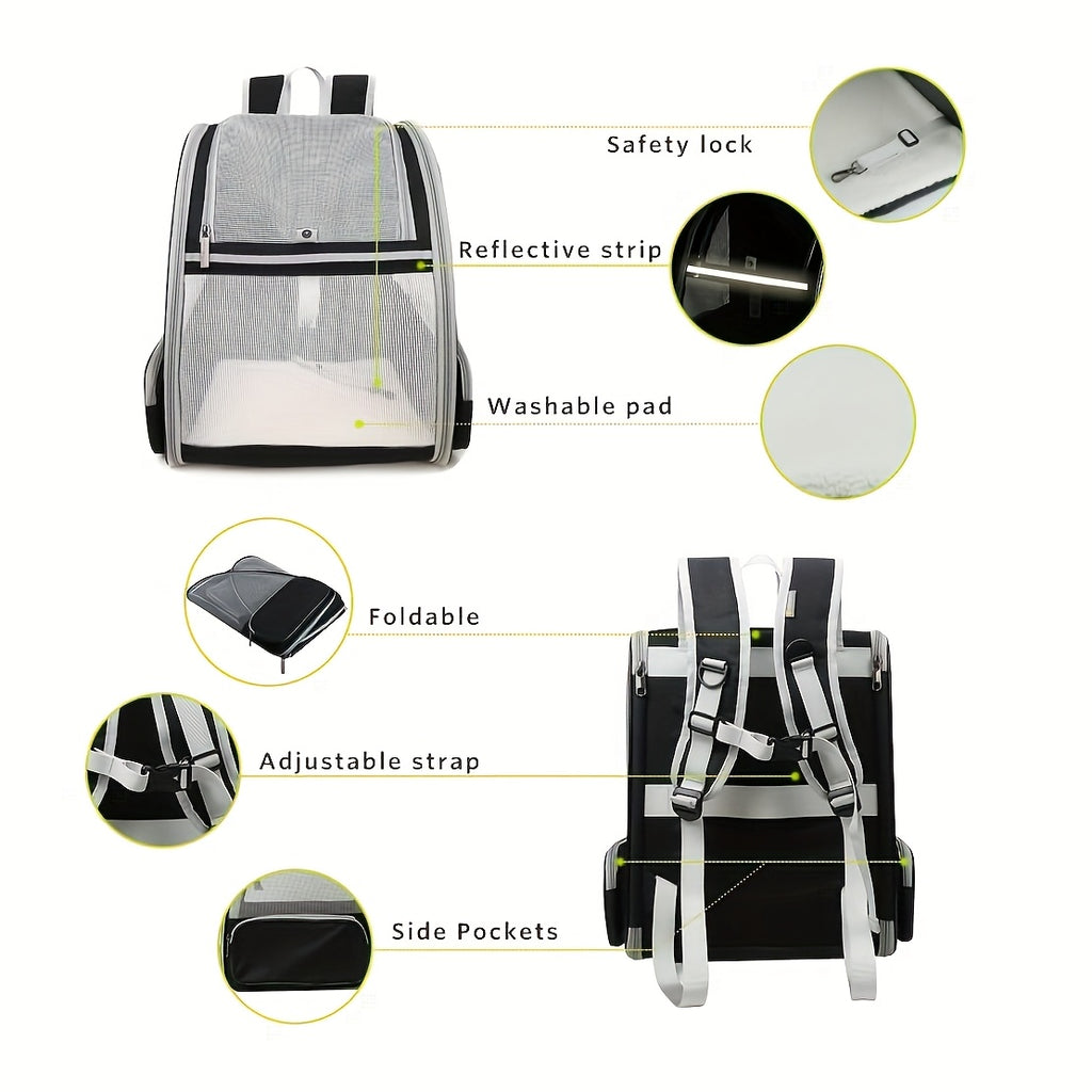 Mesh Cat Carrier Backpack, Foldable Pet Travel Bag with Three-Sided Ventilation, Chest Buckle and Removable Mat for Cats and Small Dogs, Purple or White