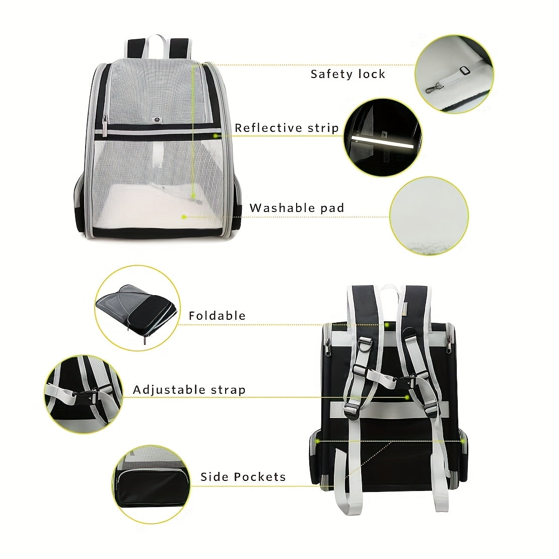 Mesh Cat Carrier Backpack, Foldable Pet Travel Bag with Three-Sided Ventilation, Chest Buckle and Removable Mat for Cats and Small Dogs, Purple or White