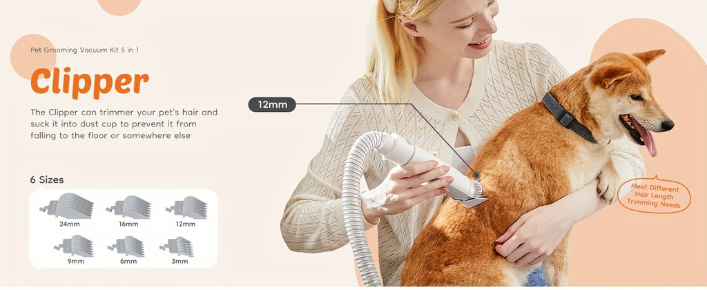 Pet Hair Grooming Vacuum Kit, 5-in-1 Dog and Cat Clippers with 6 Guide Combs, Adjustable Suction and Brushes for At-Home Coat Care