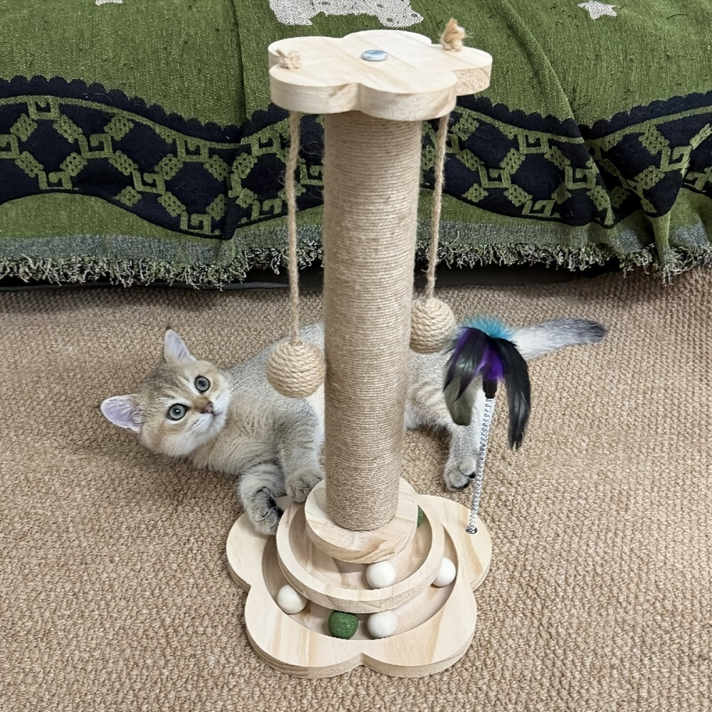 Cat Scratching Post with Ball Track, 18.1 Inch Sisal Scratcher with Hanging Balls and Feather Toy for Indoor Cats and Kittens, Brown