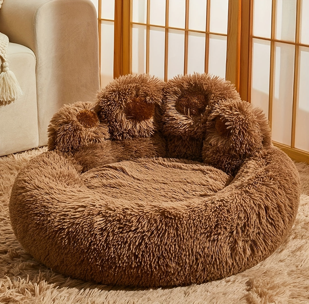 Plush Dog Bed with Bear Paw Shape, Soft Faux Fur Cat Sleeping Cushion with Non-Slip Bottom, Coffee Pink or Gray for Pets up to 30 lbs