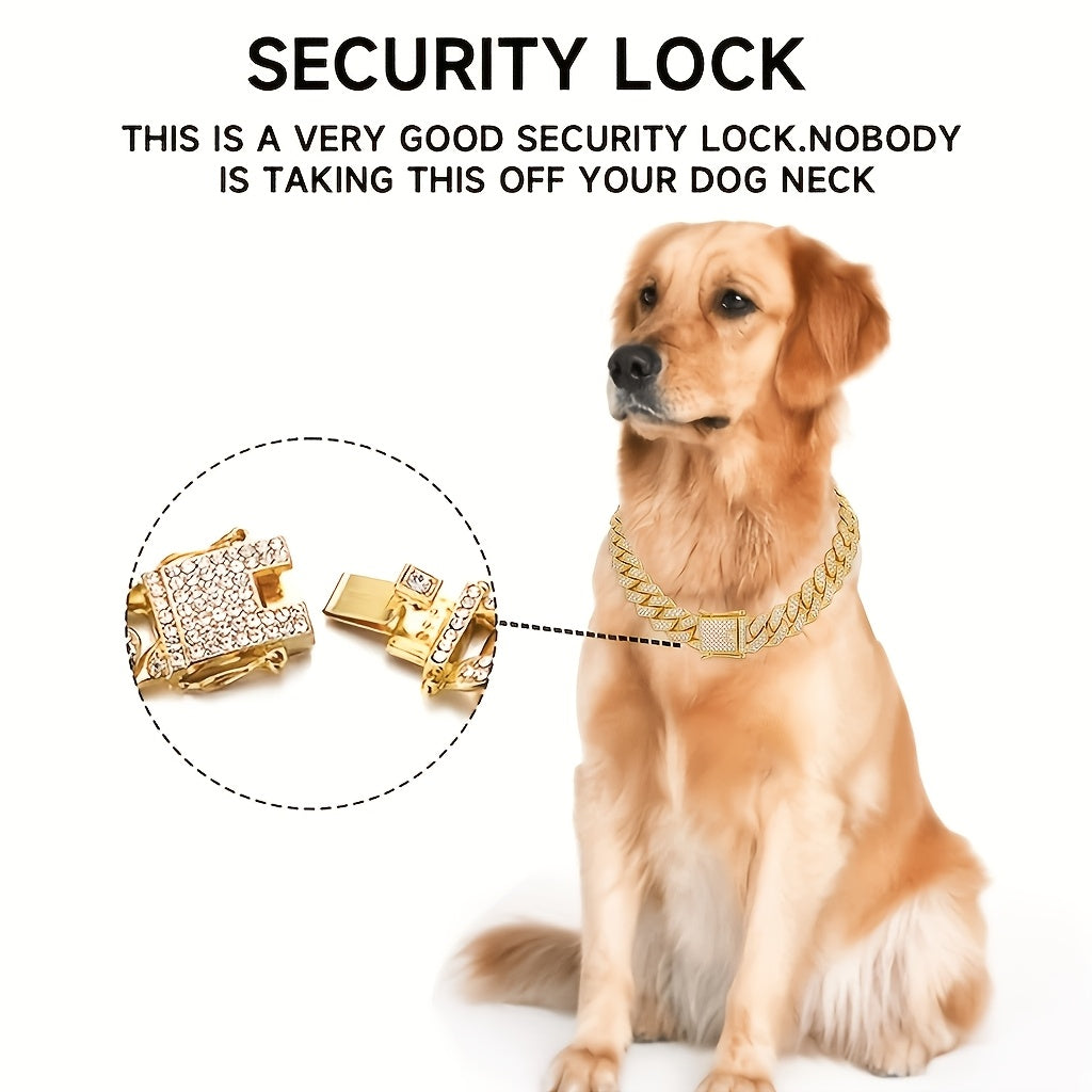Cuban Chain Dog Collar with Rhinestones, 14mm Wide Metal Pet Necklace in Golden, White or Red for Dress-Up Photos, Parties and Holiday Gifts
