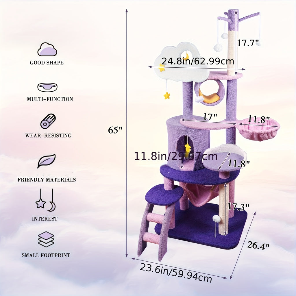 Moon and Star Cat Tree, 65 Inch Purple and Pink Indoor Cat Tower with Hammock, Condo, Sisal Scratching Post and Ladder for Climbing and Rest