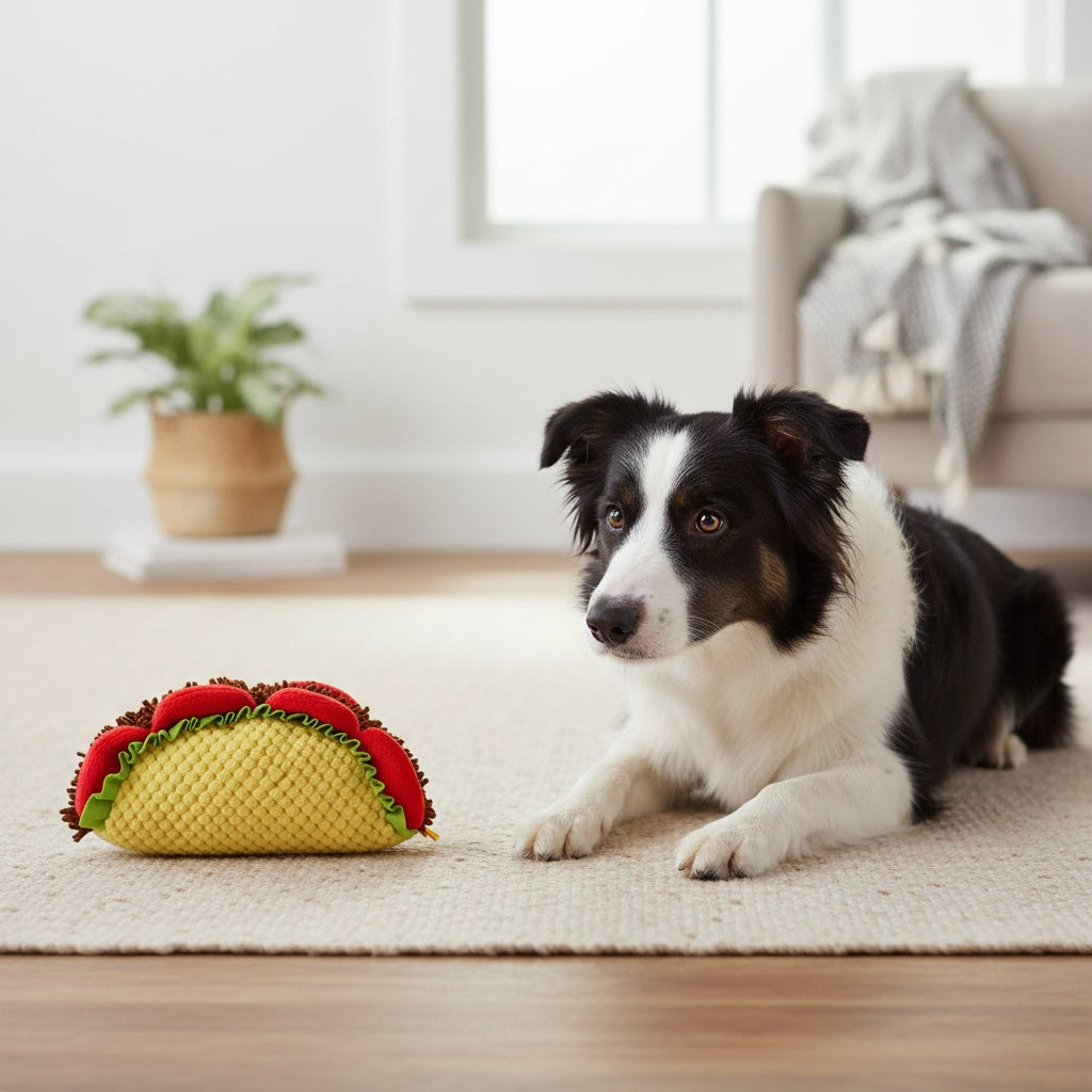 Squeaky Taco Dog Toy 8 Inch, Soft Textured Food-Shaped Plush for Gentle Fetch and Indoor Play, Funny Pet Birthday Gift for Dogs