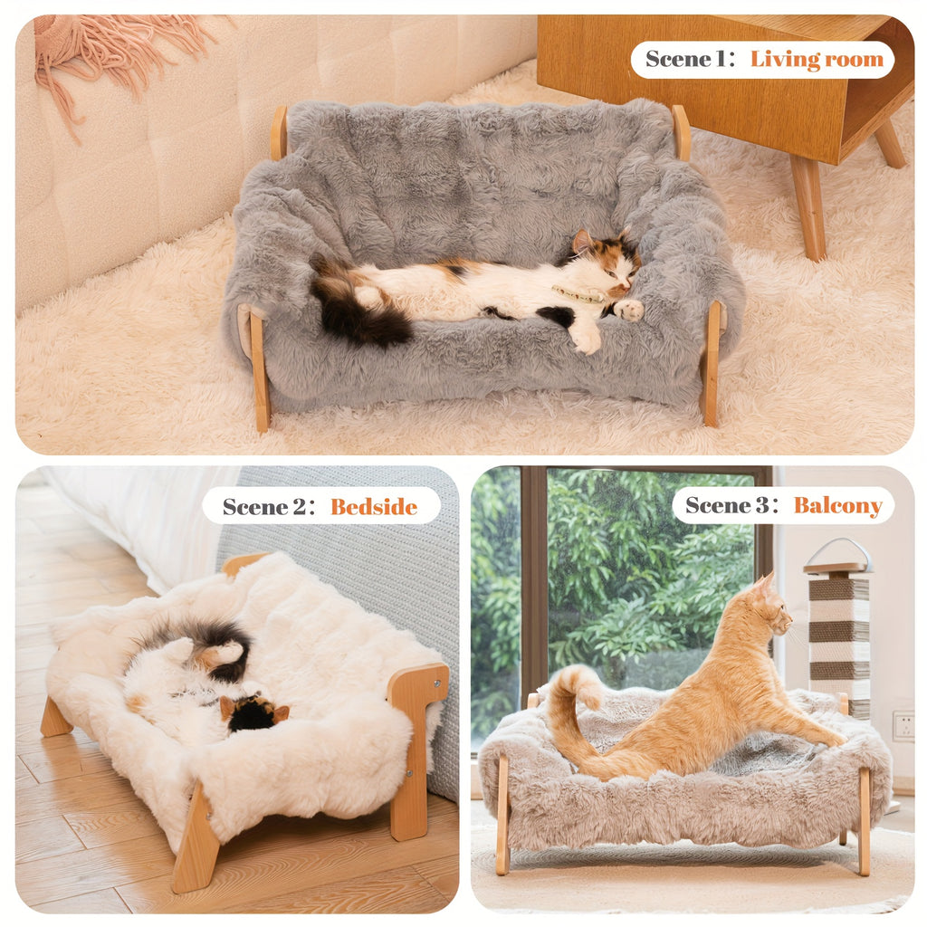 Pet Sofa Bed for Cats and Small Dogs, Elevated Lounge Furniture Listing with White, Grey and Bamboo Mat Style Options for Home Rest
