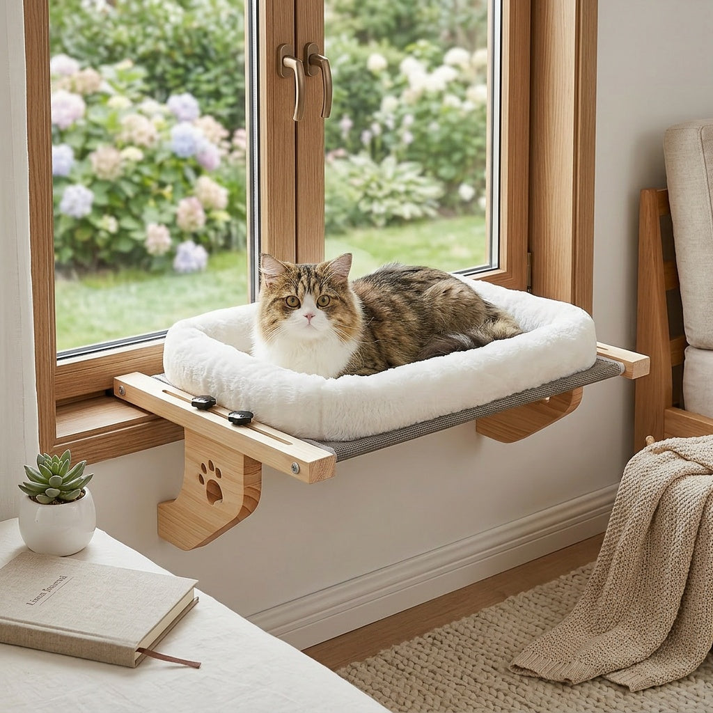 Cat Windowsill Hammock, 24.4 x 15 Inch Adjustable Wood and Metal Frame Bed for Indoor Cats, Non-PVC Perch for Compatible Bedsides, Drawers and Cabinets