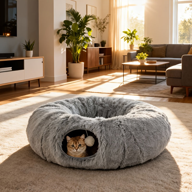 Cat Tunnel Bed with Plush Donut Hideaway, Winter Cozy 2-in-1 Indoor Cat Cave with Hanging Pom-Pom Toys and Thickened Non-Slip Bottom