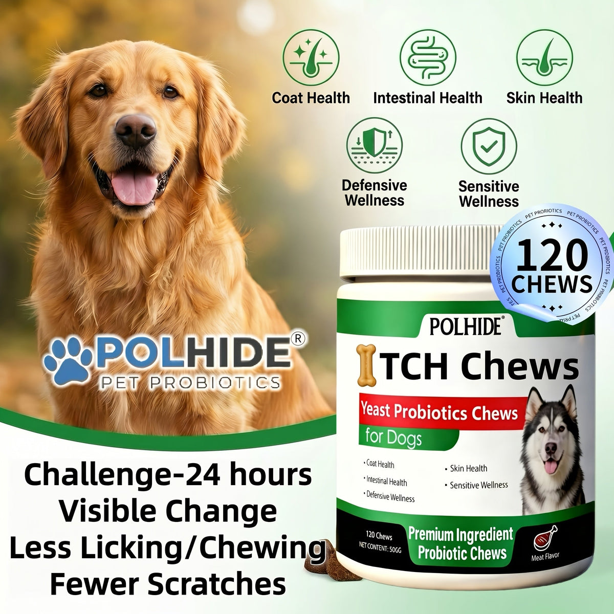 Dog Probiotic Supplement Chews, 120 Count Meat Flavor Yeast Soft Chews in One Bottle for Everyday Canine Skin, Coat and Digestive Care Routines