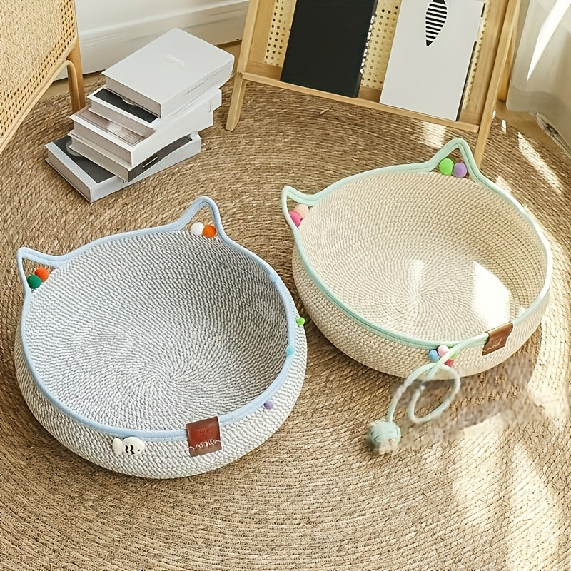 Woven Cat Scratcher Bed with Integrated Cat Nest, Rattan Weave Pet Lounger for Indoor Scratching, Rest and Play, Green or Blue for Cats and Small Dogs