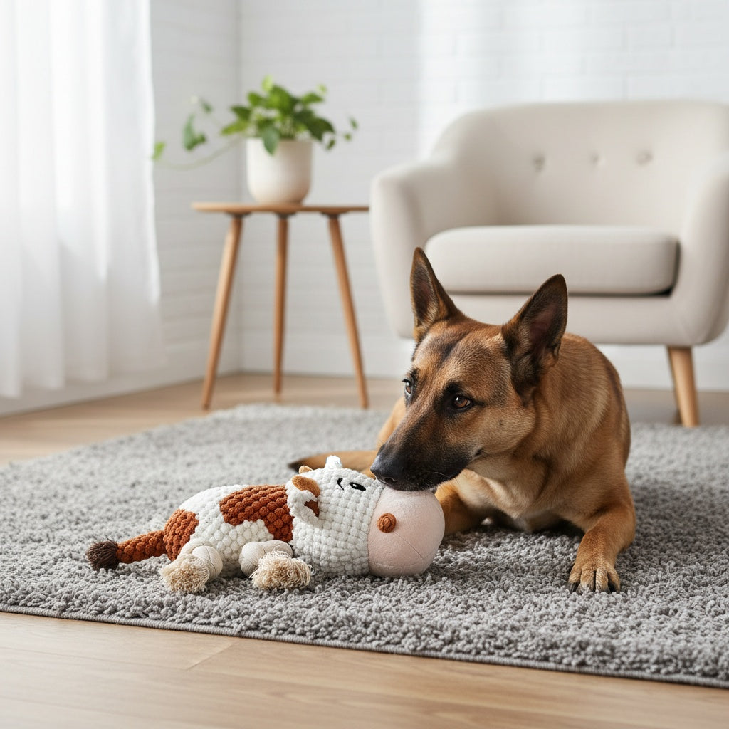 Cow Dog Toy with Knotted Rope Legs, 8-Inch Squeaky Crinkle Plush Pet Toy for Supervised Gentle Tug of War, Fetch and Interactive Puppy Play