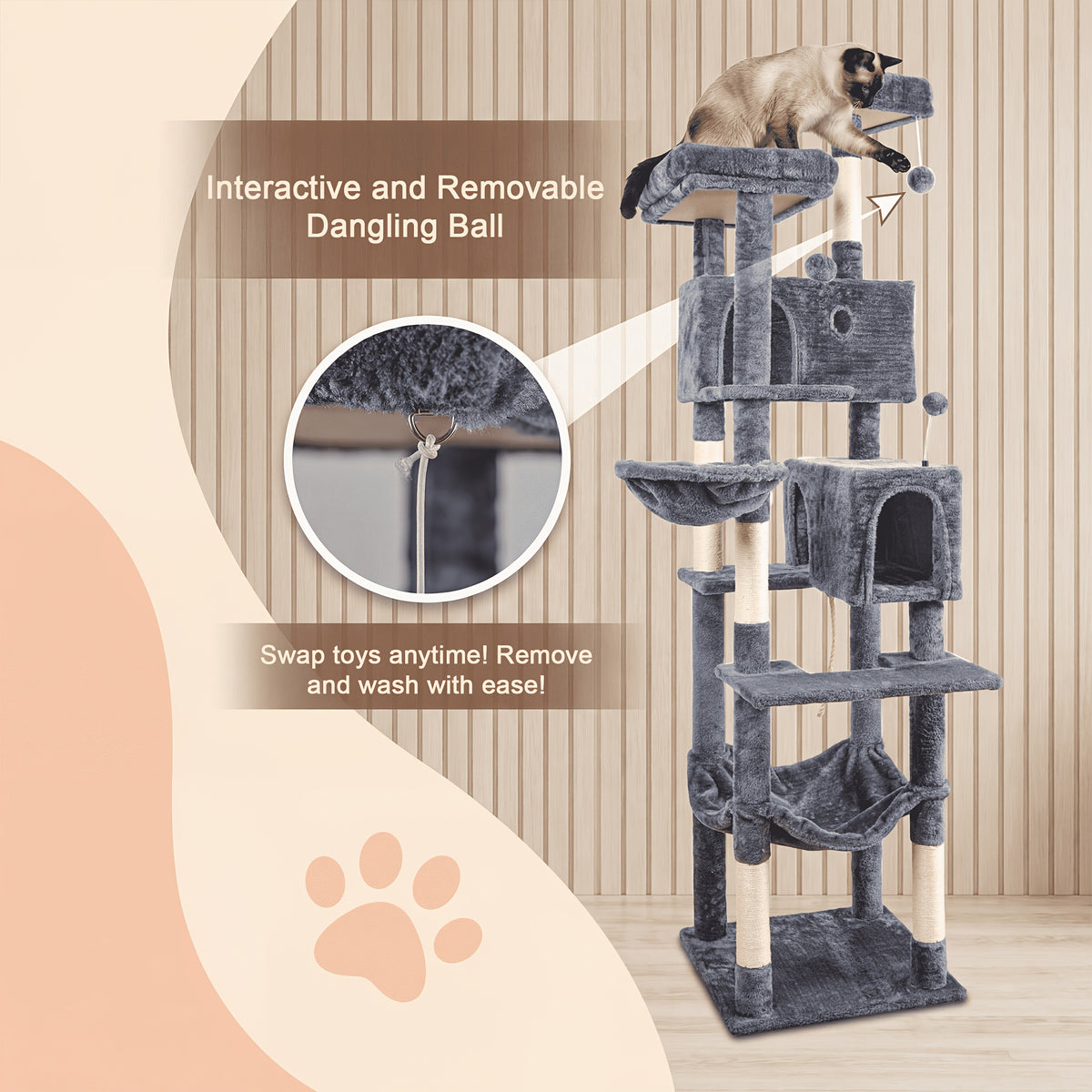 Multi-Level Cat Tree with Plush Resting Areas and Scratching Posts, Indoor Cat Tower in Three Colors with Separate Replacement Column Options