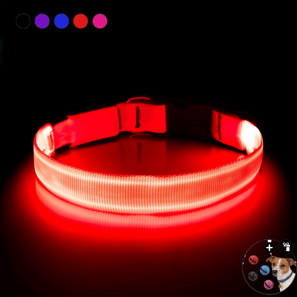 Light Up Dog Collar with 4 Bells, Micro USB Rechargeable LED Nylon Pet Collar with Adjustable Fit, Plastic Buckle and D-Ring for Night Walks