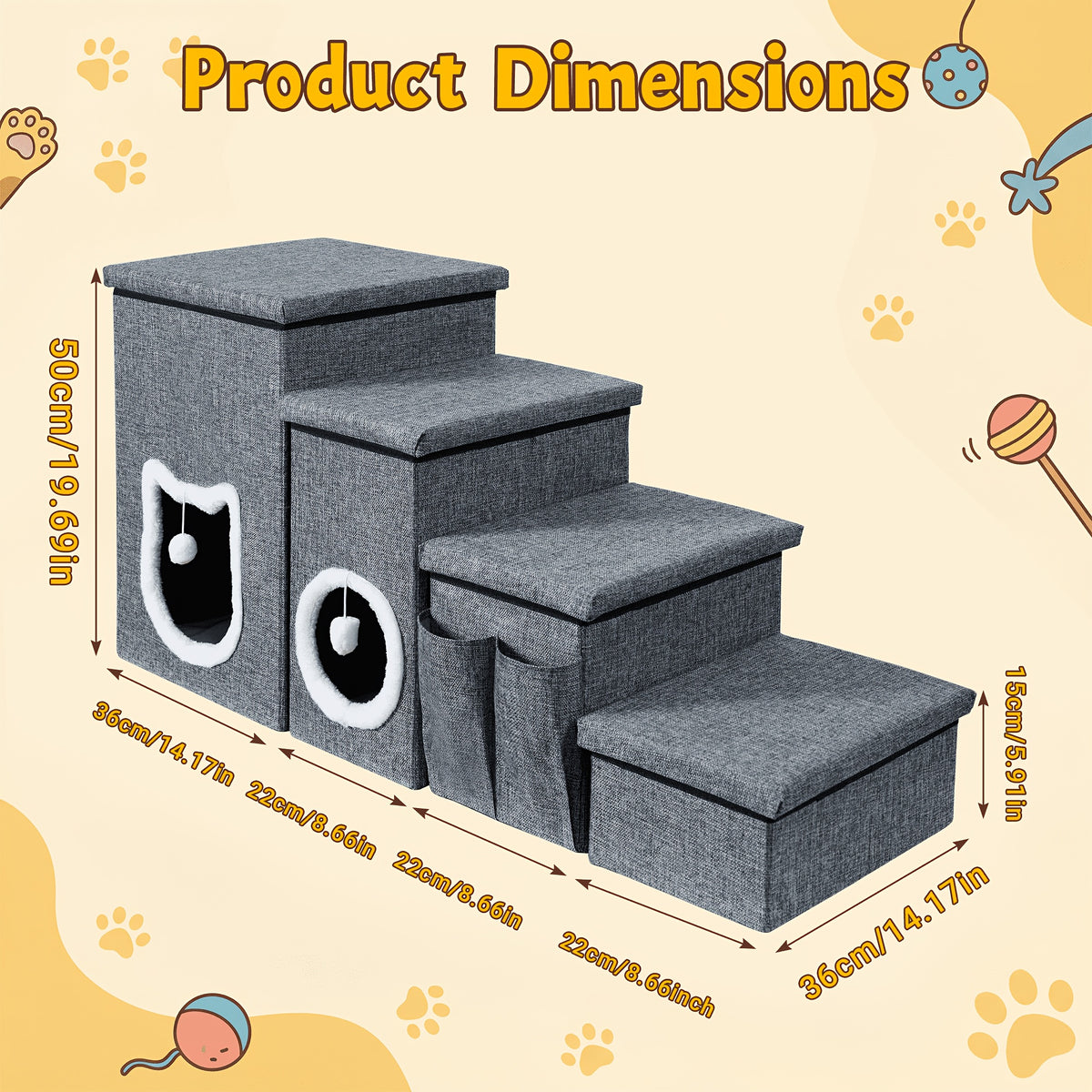 Pet Stairs with Storage for Bed and Sofa, Soft Cushioned Non-Slip Dog and Cat Steps in 2, 3 or 4 Tiers with Side Pocket or Grab Bar Style Options