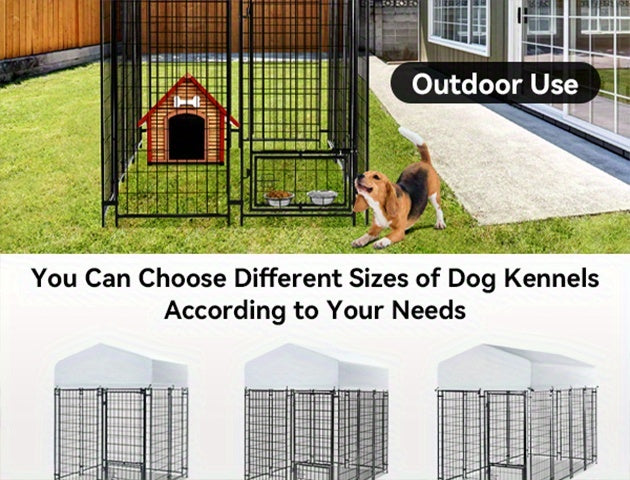 Dog Kennel with Silver Canopy and 2 Rotating Bowls, Welded Steel Outdoor Dog Pen with Lockable Gate, 51-Inch Width and Three Length Options