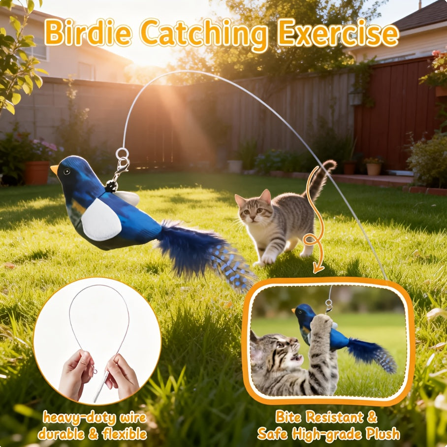 Interactive Cat Toy with Cheese-Shaped Base, 6-Hole Pop-Up Feathers and Flying Bird Wand, USB Rechargeable 3-Mode Toy for Indoor Cat Play