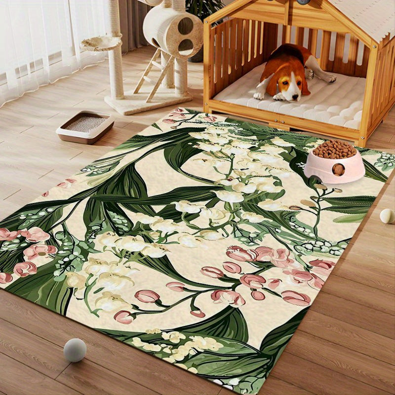 Reusable Puppy Pee Pad 24 x 36 Inches, Washable Lily of the Valley Floral Pet Mat with Non-Slip Backing for Dog Training and Cat Feeding Areas
