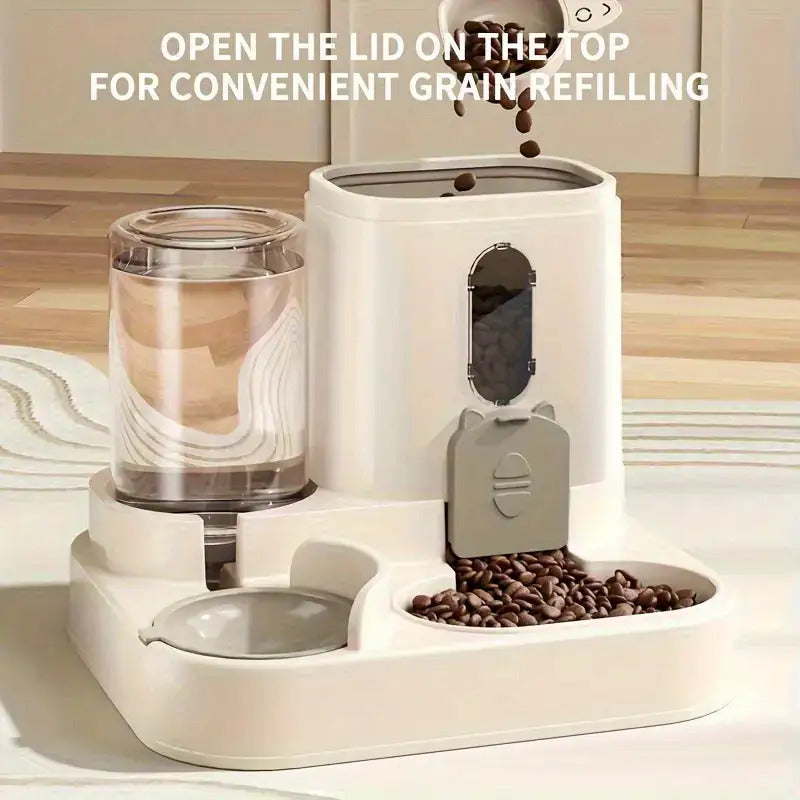 Pet Feeder and Water Dispenser Combo with Cat-Ear Lid, Visible Dry Food Window and Siphon Water Bottle for Cats and Small Dogs, Three Color Options