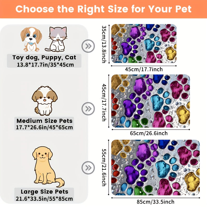 Absorbent Pet Feeding Mat with Colorful Paw Pattern, Quick-Drying Non-Slip Food and Water Bowl Pad for Dogs, Cats and Multi-Pet Homes