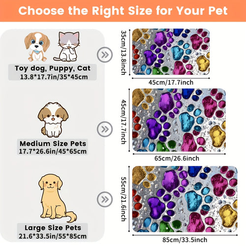 Absorbent Pet Feeding Mat with Colorful Paw Pattern, Quick-Drying Non-Slip Food and Water Bowl Pad for Dogs, Cats and Multi-Pet Homes
