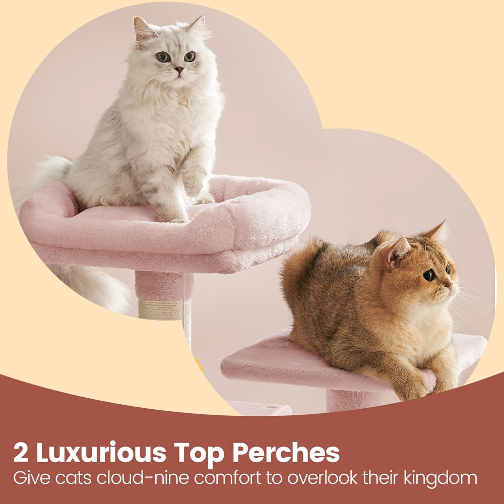 Cat Tree Tower 61 Inch with 5 Scratching Posts, 2 Perches, 2 Caves and Hammock, Plush Multi-Level Indoor Cat Furniture with Hanging Pompoms