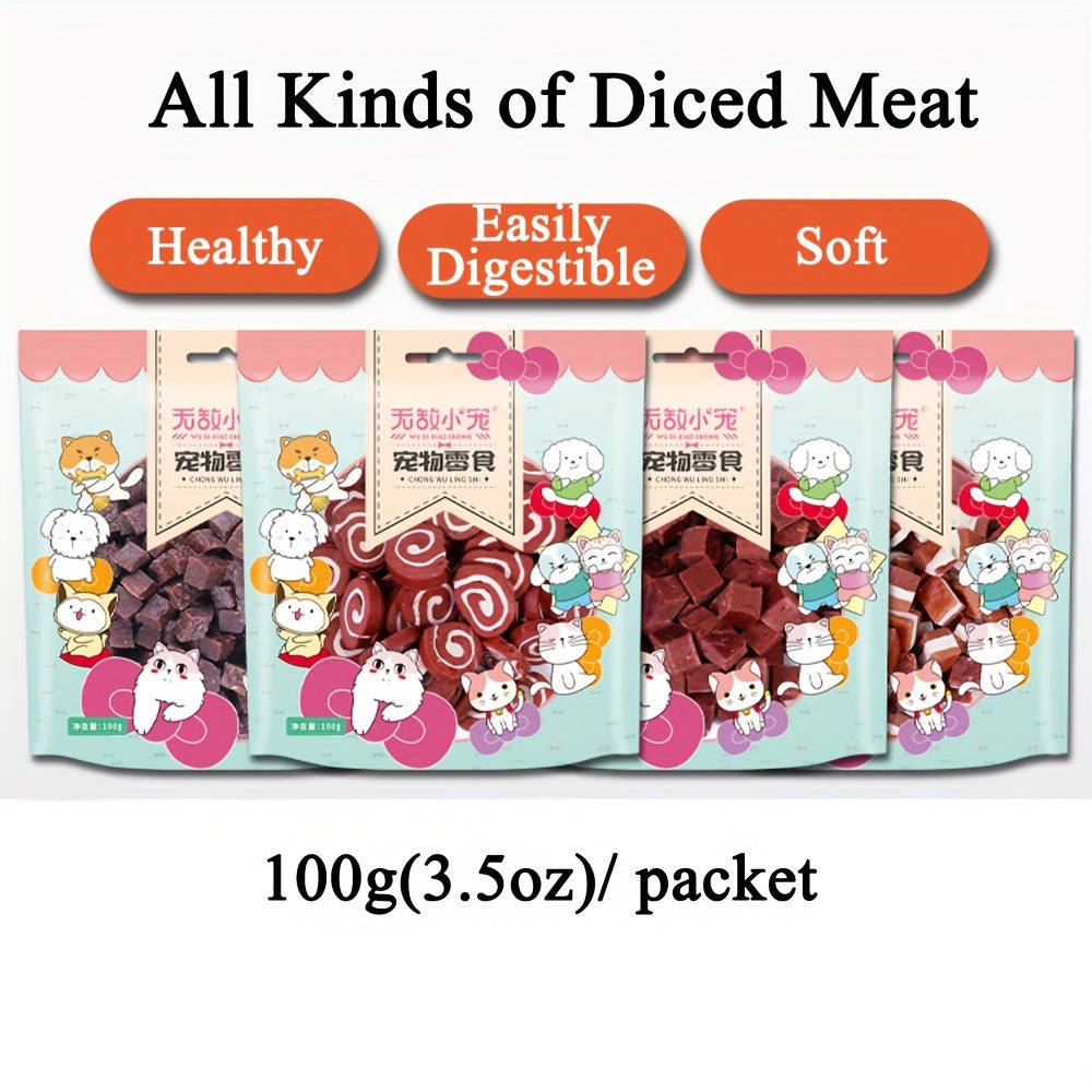 Diced Meat Dog Treats, Soft Chewy Training Reward Bites with Seven Flavor Options for Small, Medium and Large Dogs, 100g to 800g Packs
