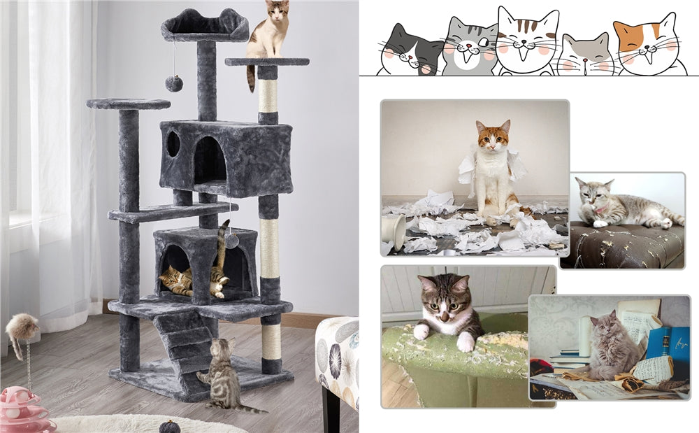 Cat Tree with Twin Hideaways, 54 or 62 Inch Dark Gray Indoor Cat Tower with Two Condos, Three Scratching Posts and Dangling Balls for Play and Rest