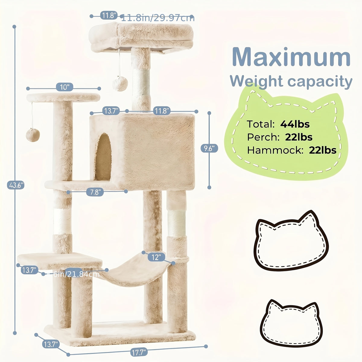 Cat Tree 44 Inch with Extended Platform, Indoor Cat Tower with Condo Hideaway, Hammock and Natural Sisal Scratching Posts in Five Colors