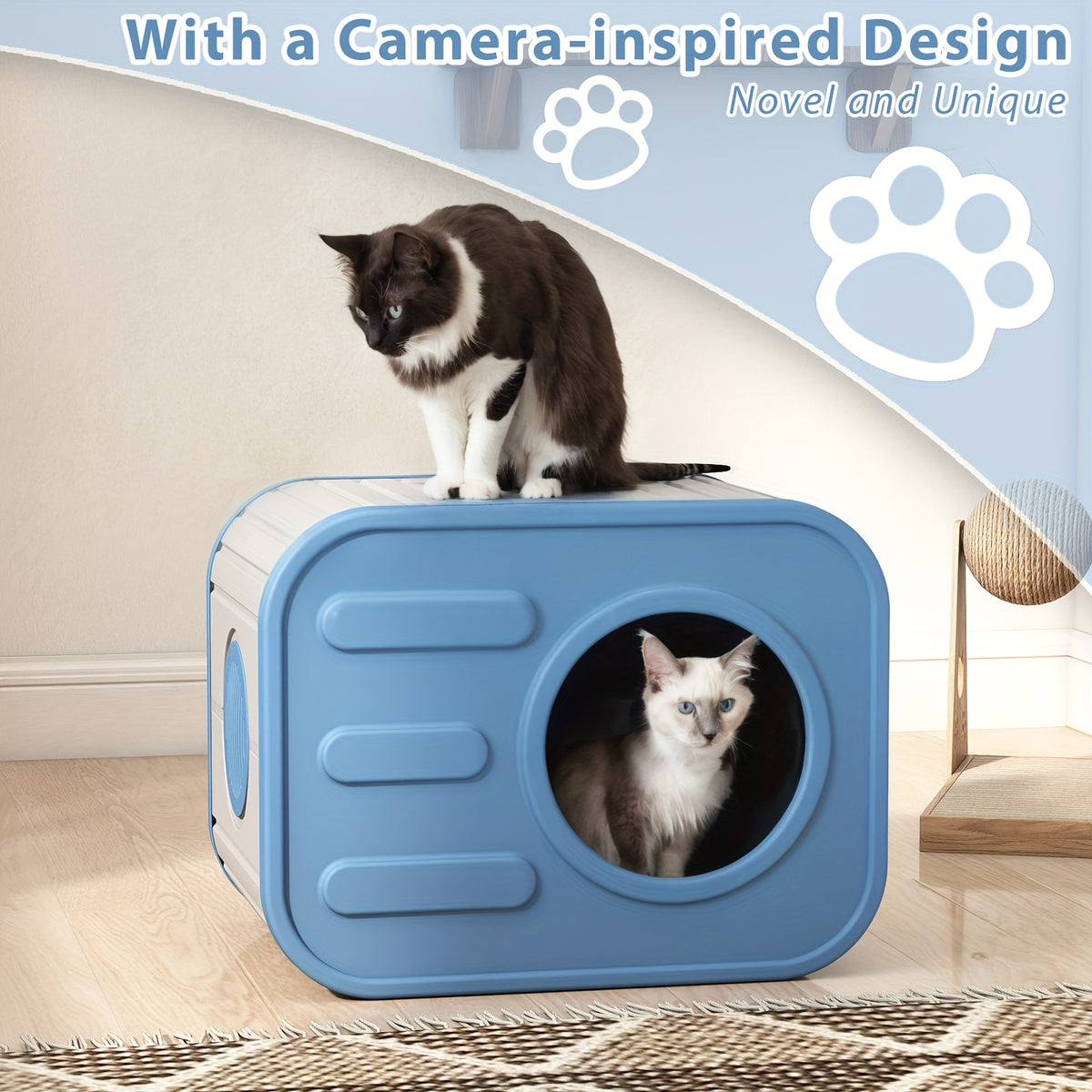 Blue Resin Cat House for Indoor and Outdoor Use, Easy-to-Assemble and Easy-to-Clean Pet Resting Shelter, 20.83 x 14.21 x 15.91 Inches