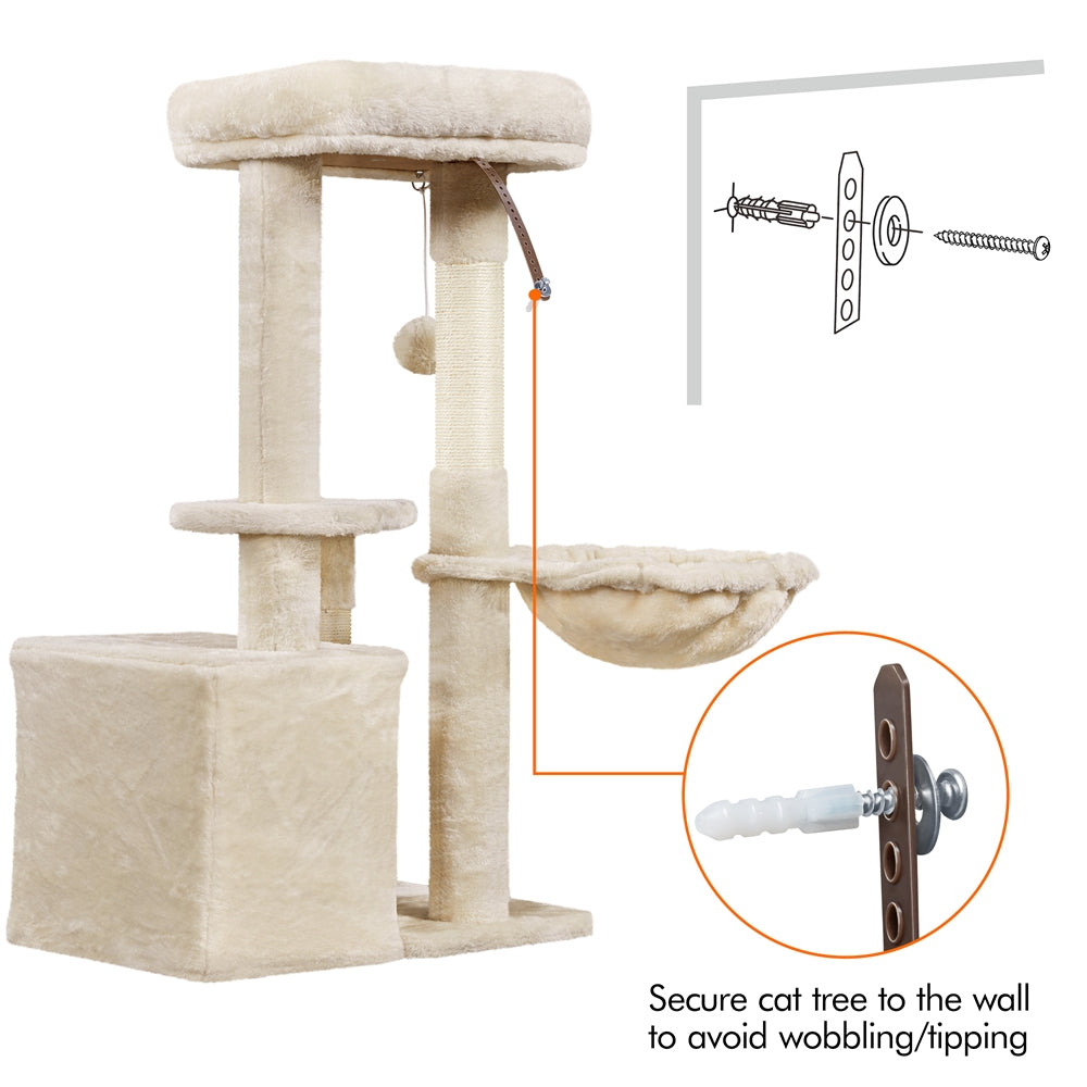 Cat Tree 34.5 Inch with Condo and Basket, Plush Indoor Cat Tower with Nest, Platform, Three Sisal Scratching Posts and Scratching Board in Five Colors