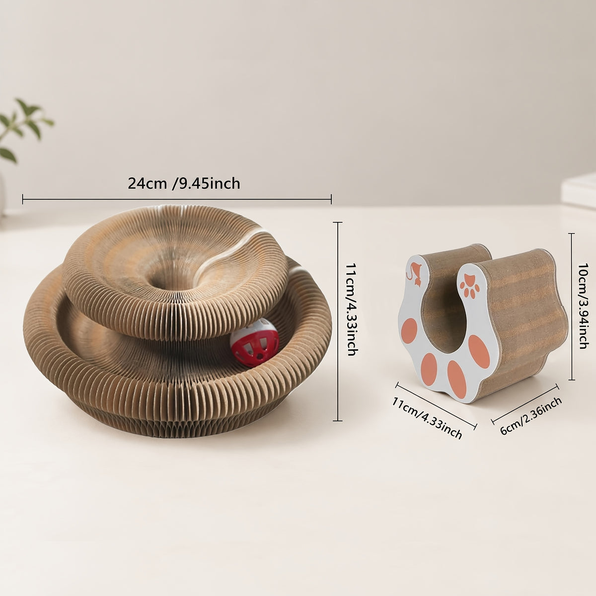 Expandable Cat Scratcher Toy 2-Pack, Curly Corrugated Cardboard Scratching Board with Ball for Indoor Cats, Retractable Scratch Pad for Daily Play