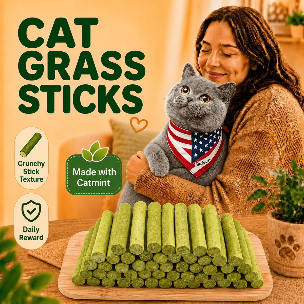 Crunchy Cat Treat Sticks with Chicken and Cat Grass, 2.93 oz Freeze-Dried Cat Snacks for Indoor Cats, Training Rewards and Food Topping