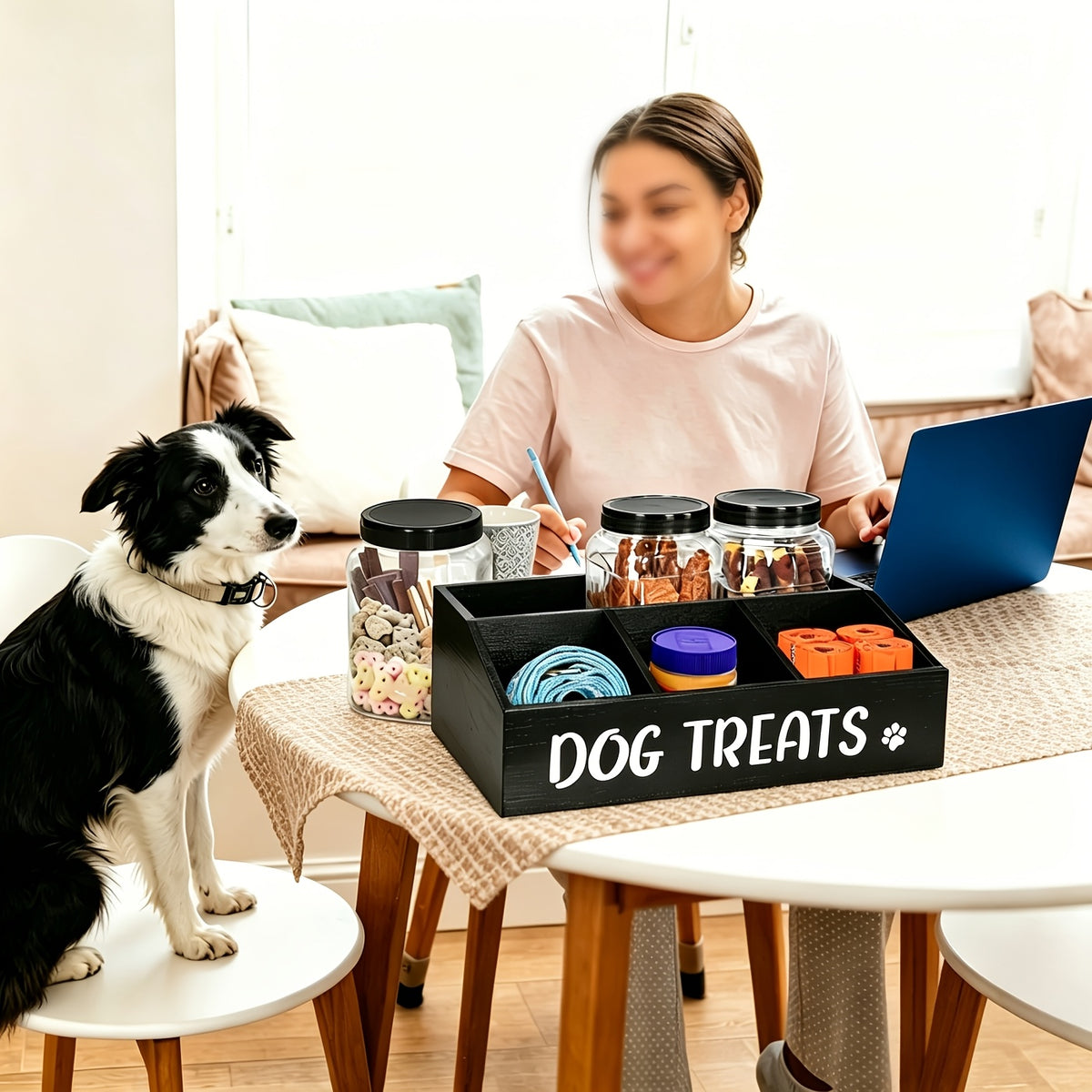 Dog Treat Storage Organizer with 3 Clear Jars and Scoop, Solid Wood Farmhouse Pet Snack Station with Compartments for Cat and Dog Supplies