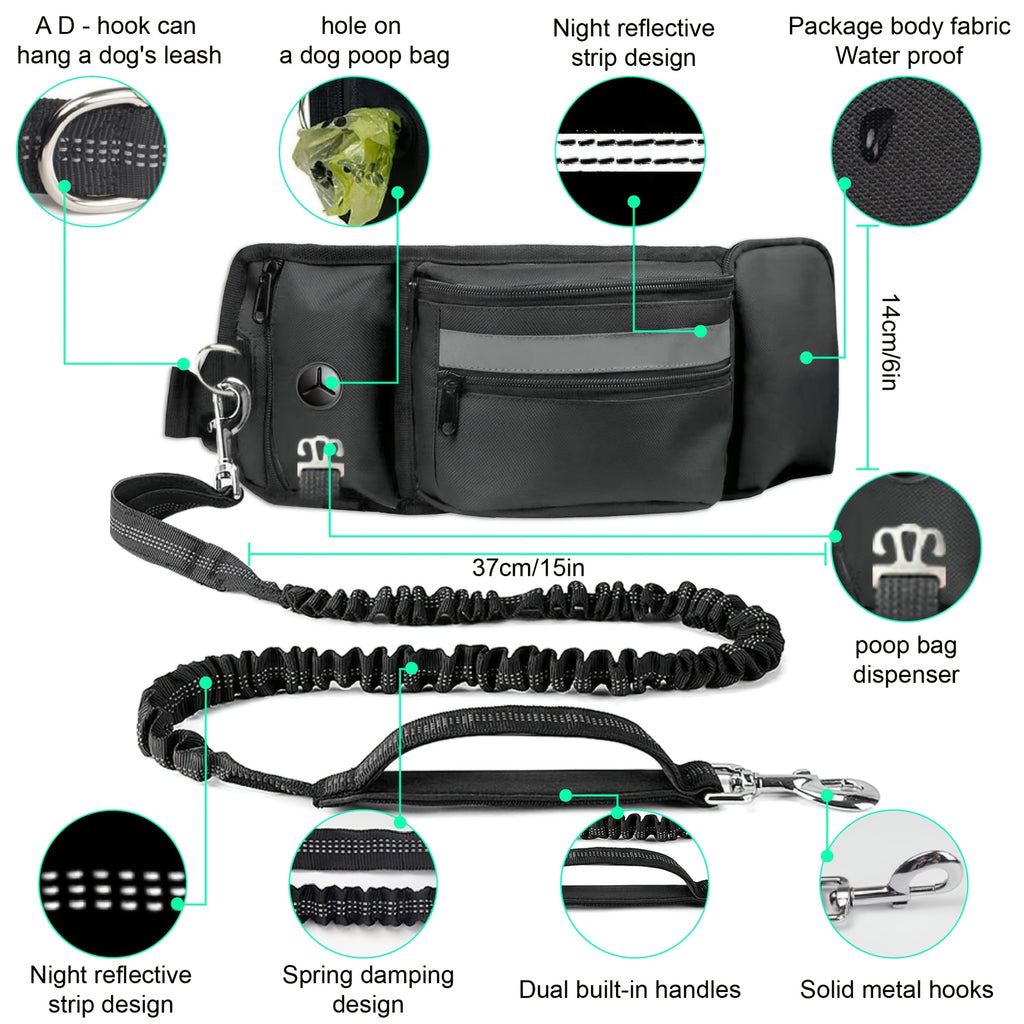 Hands Free Dog Leash for Two Dogs with Multifunctional Pouch, Bungee Lead and Dual Padded Handles for Large Dog Walking, Jogging and Running