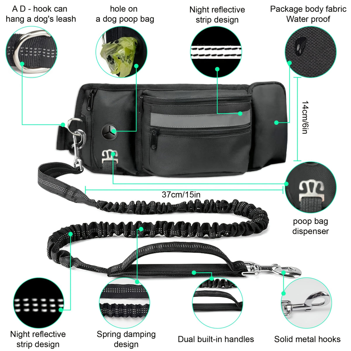 Hands Free Dog Leash for Two Dogs with Multifunctional Pouch, Bungee Lead and Dual Padded Handles for Large Dog Walking, Jogging and Running